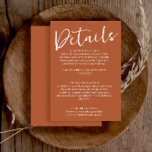 Cartão De Informações Detalhes do Casamento Simples de Laranja Queimado<br><div class="desc">Um cartão de detalhes do casamento elegante e simples e minimalista do boho laranja. Que apresenta um modelo minimalista com fundo na moda laranja queimado. E o guião branco e cômico DETALIS só com a caligrafia personalizável.</div>