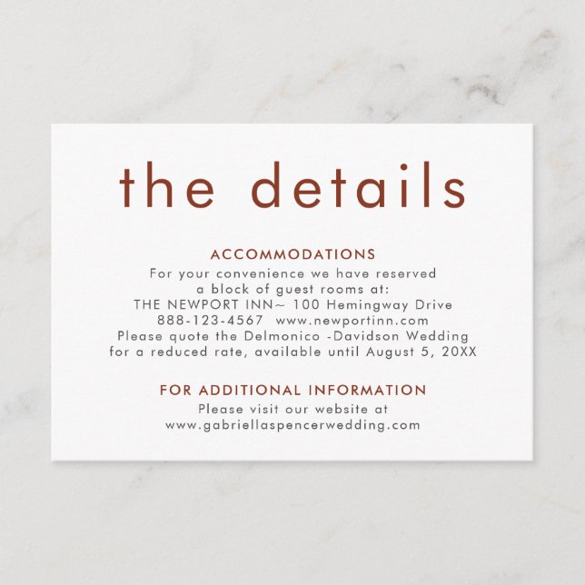 Cartão De Informações Detalhes do Casamento Simples de Terracotta Rust (Frente)