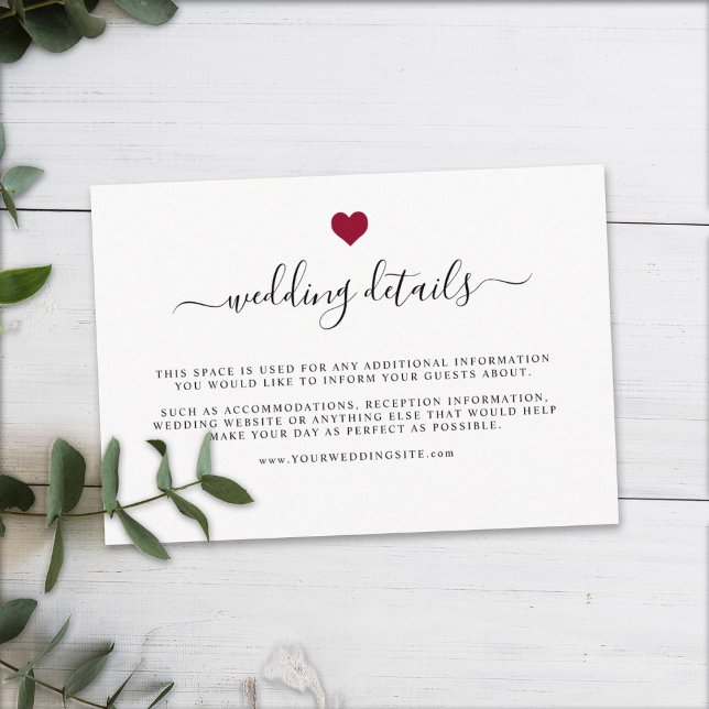 Cartão De Informações Detalhes do Casamento Simples do Coração Vermelho  (Criador carregado)
