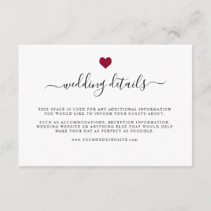 Cartão De Informações Detalhes do Casamento Simples do Coração Vermelho 