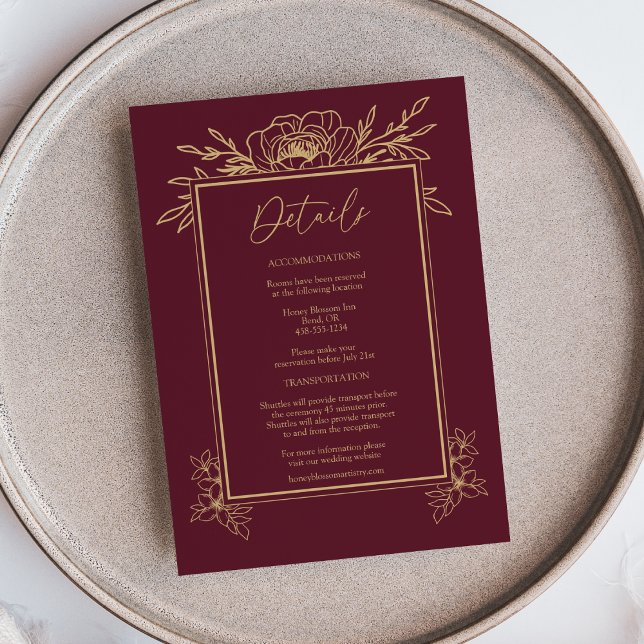 Cartão De Informações Detalhes do Casamento Simples Floral Dourado Burgu (Criador carregado)