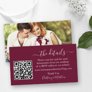 Cartão De Informações Detalhes do Casamento Site QR Foto Burgundy