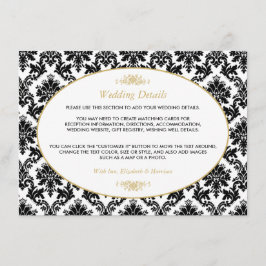 Cartão De Informações Detalhes do Casamento tema damasco Dourado, Preto 