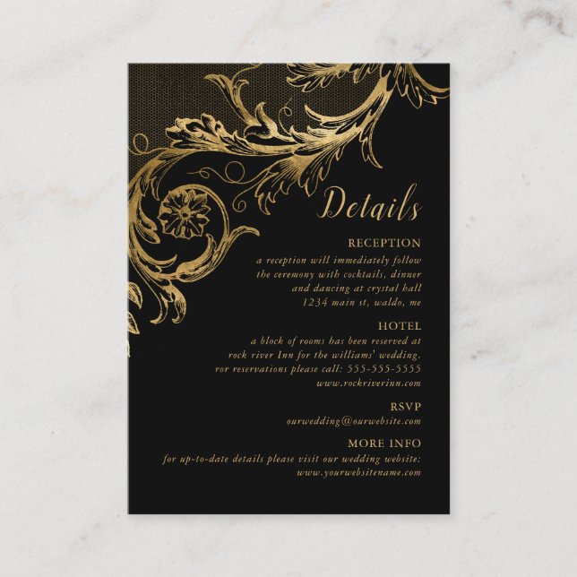 Cartão De Informações Detalhes do Casamento tema damasco Floral Dourado  (Frente)