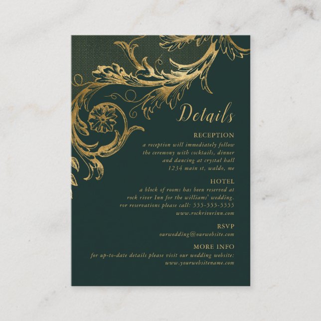 Cartão De Informações Detalhes do Casamento tema damasco Floral Dourado  (Frente)