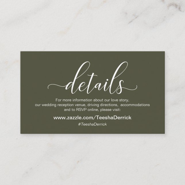 Cartão De Informações Detalhes do Casamento, Tema Verde Oleícola Moderno (Frente)