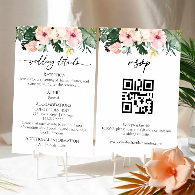 Cartão De Informações Detalhes do Casamento Tropical de Hibiscus | RSVP  (Criador carregado)