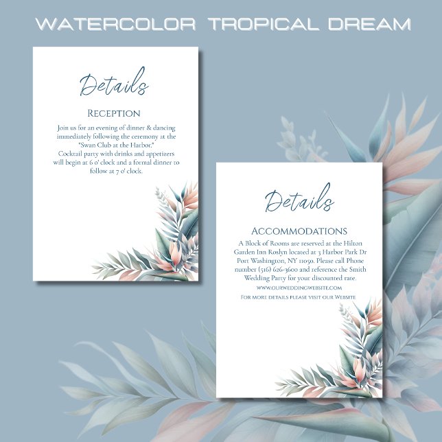 Cartão De Informações Detalhes do Casamento Tropical de Sonho-Aquarela- (Watercolor Tropical Dream Wedding Details-Coastal-Pastel Colors)