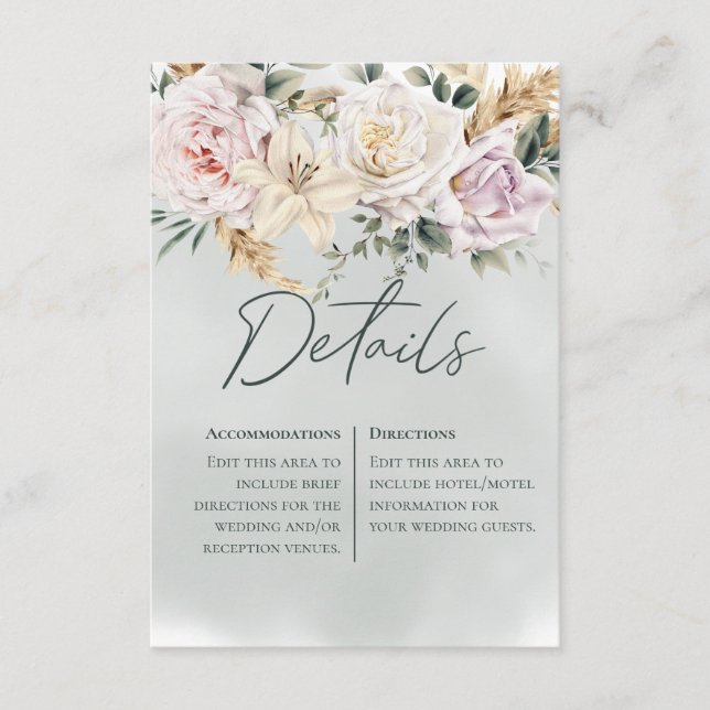 Cartão De Informações Detalhes do Casamento Verde Boho Pampas & Rosas Ro (Frente)