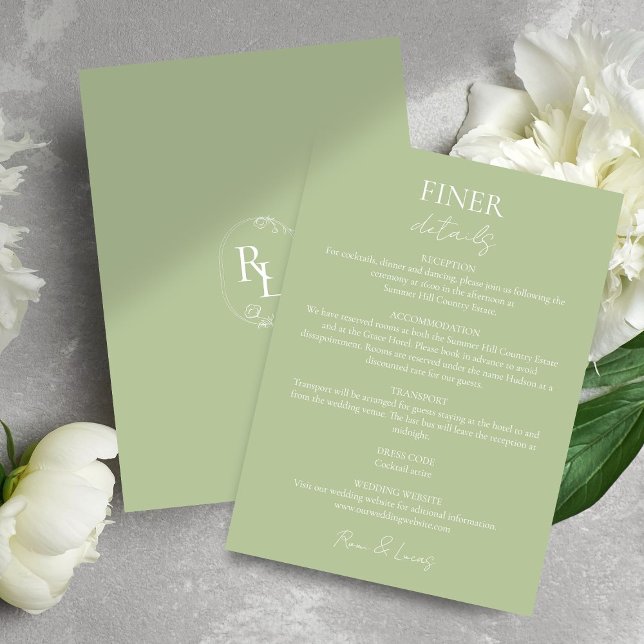 Cartão De Informações Detalhes do Casamento Verde Chic Monograma Floral (Criador carregado)