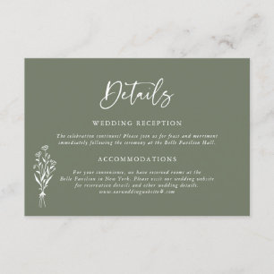 Cartão De Informações Detalhes do Casamento Verde de Taupe, Buquê Minima