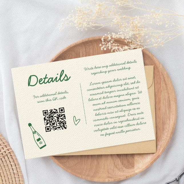 Cartão De Informações Detalhes do Casamento Verde do Desenho Retroativo  (Details green enclosure card, wedding qr code)