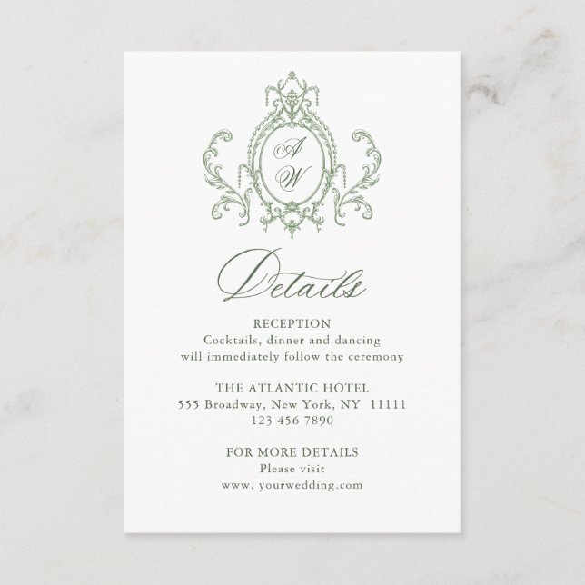 Cartão De Informações Detalhes do Casamento Verde do Ornamentado Floral  (Frente)