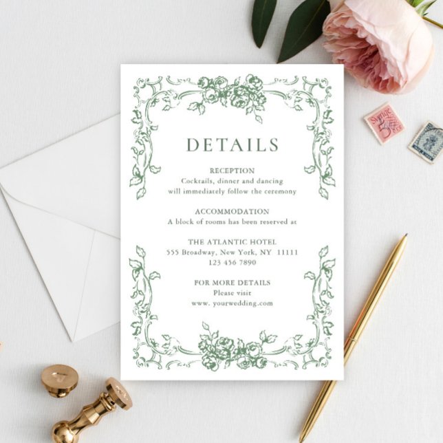 Cartão De Informações Detalhes do Casamento Verde do Ornamentado Renasce (Criador carregado)