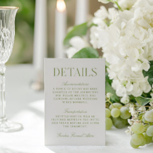 Cartão De Informações Detalhes do Casamento Verde e Beige Sage Simples