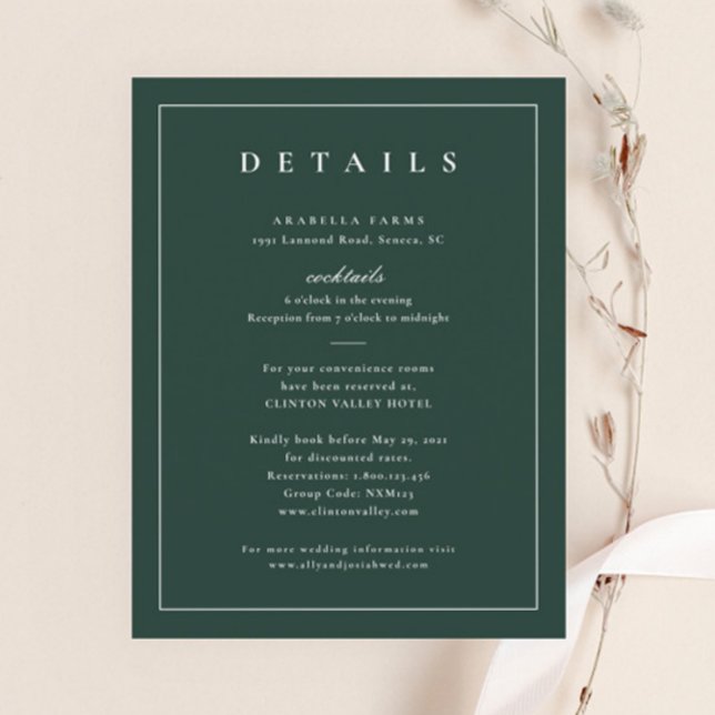 Cartão De Informações Detalhes do Casamento Verde Elegante Clássico (Elegant Dark Green Wedding Details Enclosure Card.)