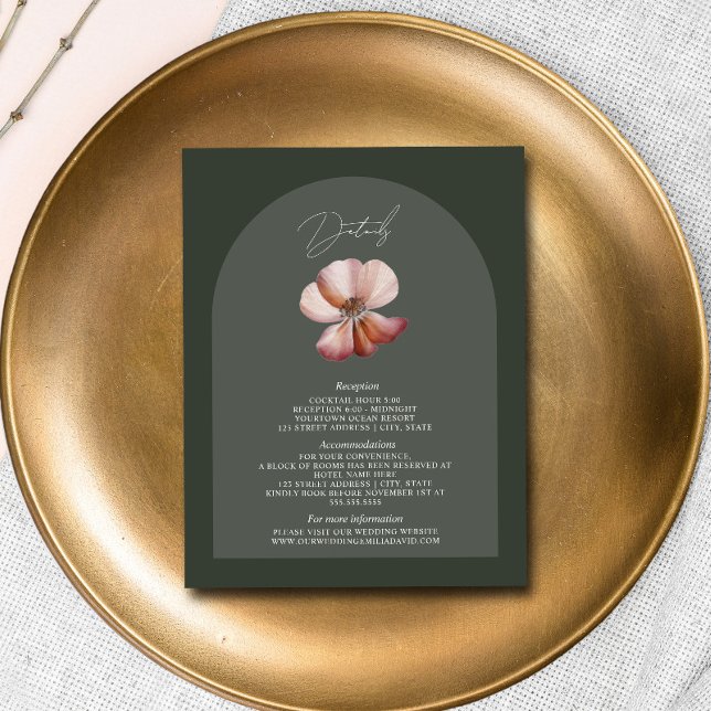 Cartão De Informações Detalhes do Casamento Verde Escuro Anemone Arch (Criador carregado)