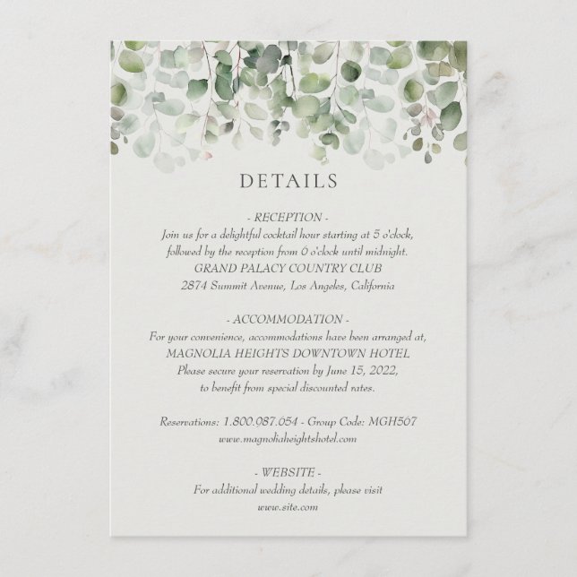 Cartão De Informações Detalhes do Casamento Verde Eucalyptus Sage (Frente)