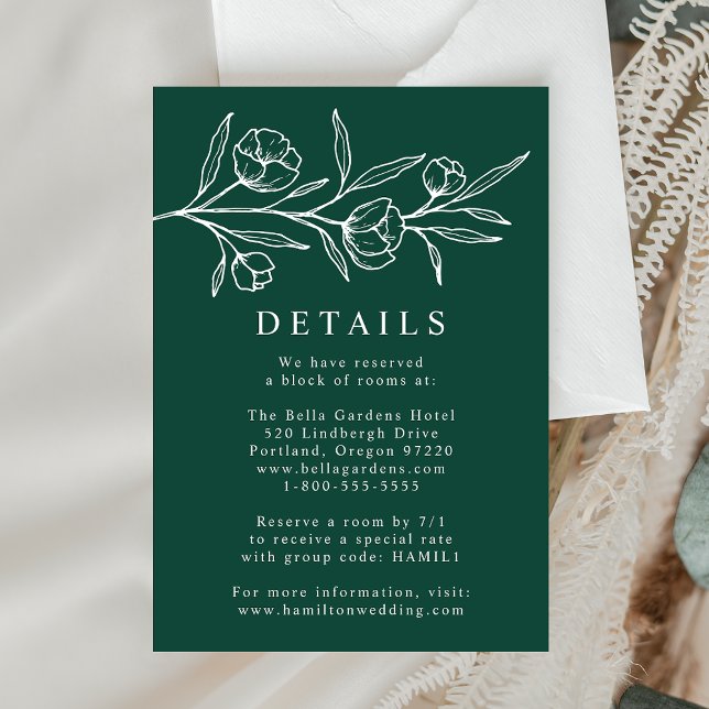 Cartão De Informações Detalhes do Casamento Verde Floral Desenhado (Criador carregado)