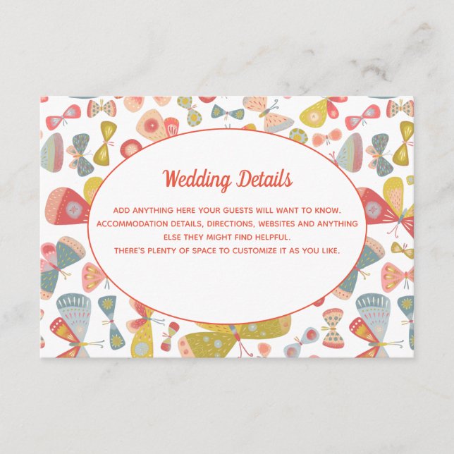 Cartão De Informações Detalhes do Casamento Verde Rosa-Borboleta (Frente)