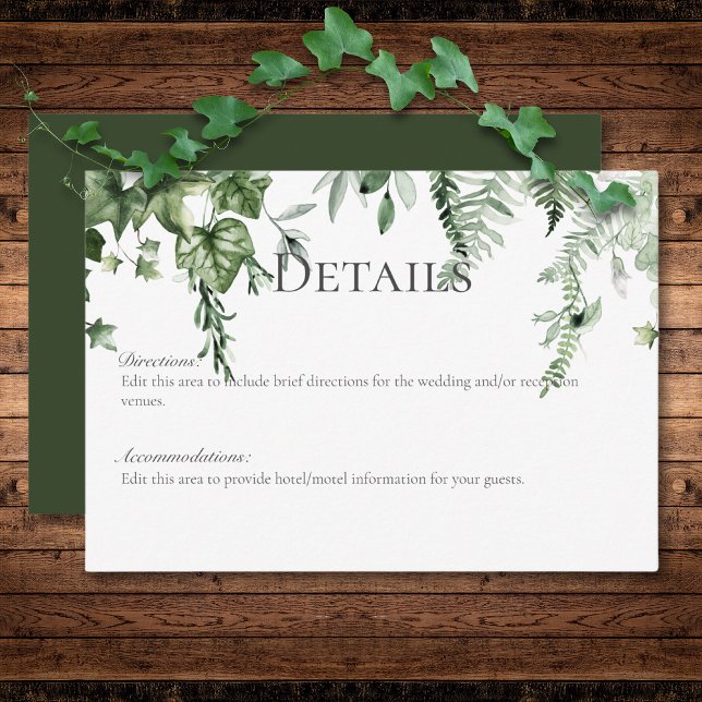 Cartão De Informações Detalhes do Casamento Verde Rustic Ivy & Sage Gree (Rustic Ivy & Sage Greenery Green Wedding Details Enclosure Card)