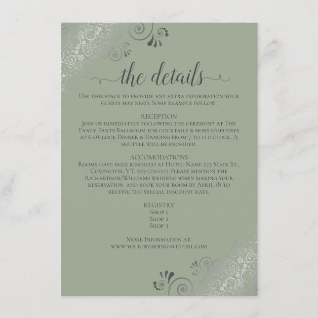 Cartão De Informações Detalhes do Casamento Verde Sage Chic com Enfeites (Frente)