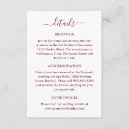 Cartão De Informações Detalhes do Casamento Vermelho Burgundy do Script 