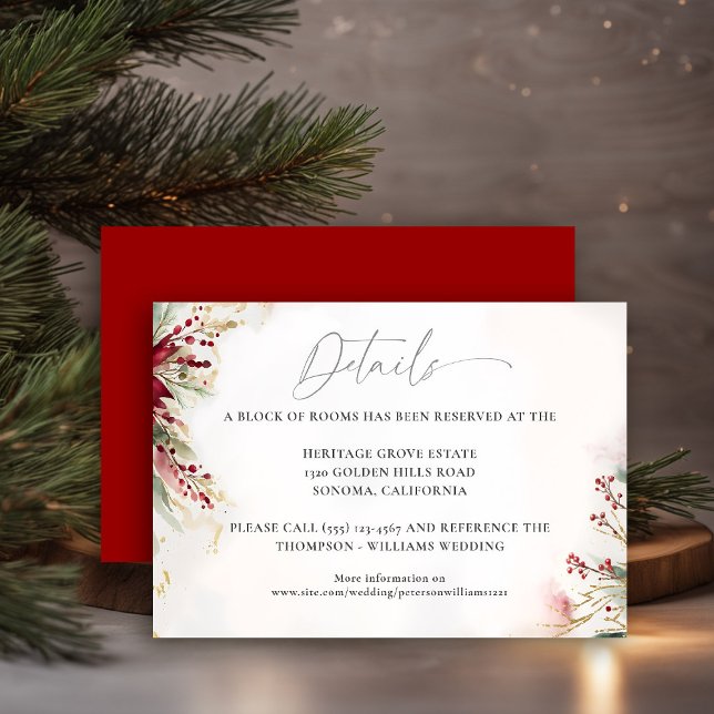 Cartão De Informações Detalhes do Casamento Vermelho do Natal do inverno (christmas wedding details card botanical red berries watercolor greenery elegant modern classic)