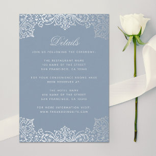 Cartão De Informações Detalhes do Casamento Vintage Azul Poeirento Prata