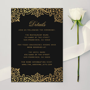Cartão De Informações Detalhes do Casamento Vintage Dourado Preto Elegan