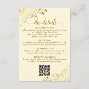 Cartão De Informações Detalhes do Código QR de Casamento Elegante Dourad