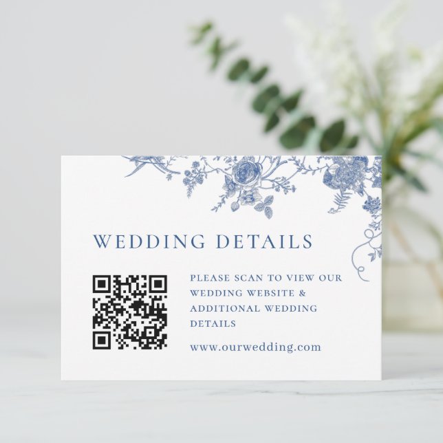 Cartão De Informações Detalhes do Código QR Floral Azul Victoriano Elega (Em pé/Frente)