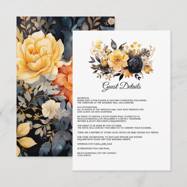 Cartão De Informações Detalhes do Convidado de Casamento Floral Preto e  (Frente/Verso)