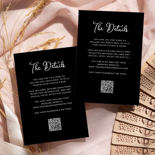 Cartão De Informações Detalhes do Convidado de Casamento Quimológico Pre (A simple, dark black wedding details card with QR code)