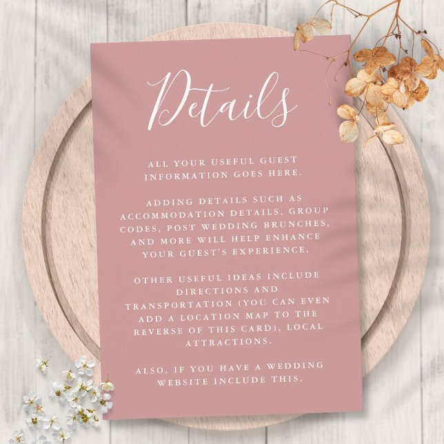 Cartão De Informações Detalhes do Convidado de Script do Dusty Rosa (Dusty Rose Script Guest Information Details Enclosure Card)