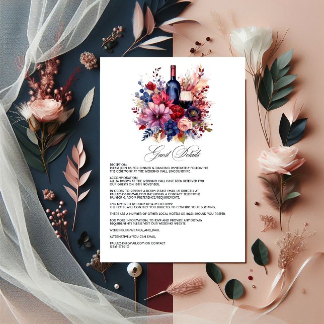Cartão De Informações Detalhes do Convidado do Provando de Vinho Burgund (Burgundy, Navy and Blush Wine Tasting Guest Details Enclosure Card)