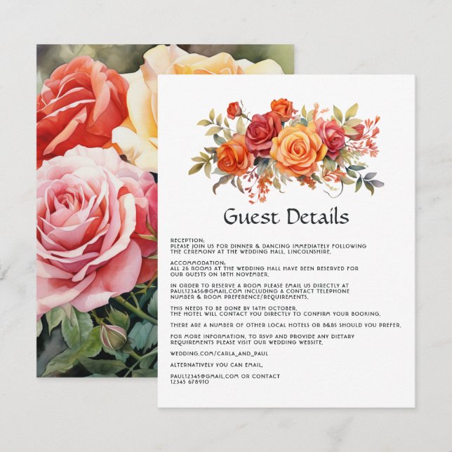Cartão De Informações Detalhes do Convidado Floral, Vermelho, Laranja e  (Frente/Verso)