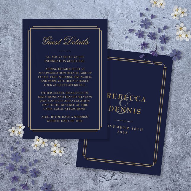 Cartão De Informações Detalhes do Convidado marinho Azul E Deco Dourado (Navy Blue And Gold Deco Wedding Guest Details Enclosure Card)