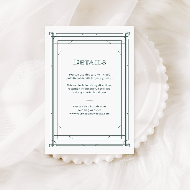 Cartão De Informações Detalhes do Convidado Modern Deco Verde e Silver (An elegant, green and white art deco style guest details card for your holiday wedding)