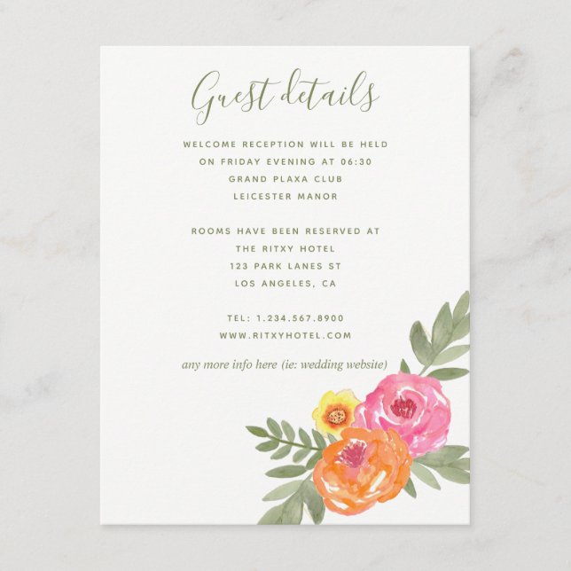 Cartão De Informações Detalhes do Convidado sobre as flores de aquarela  (Frente)