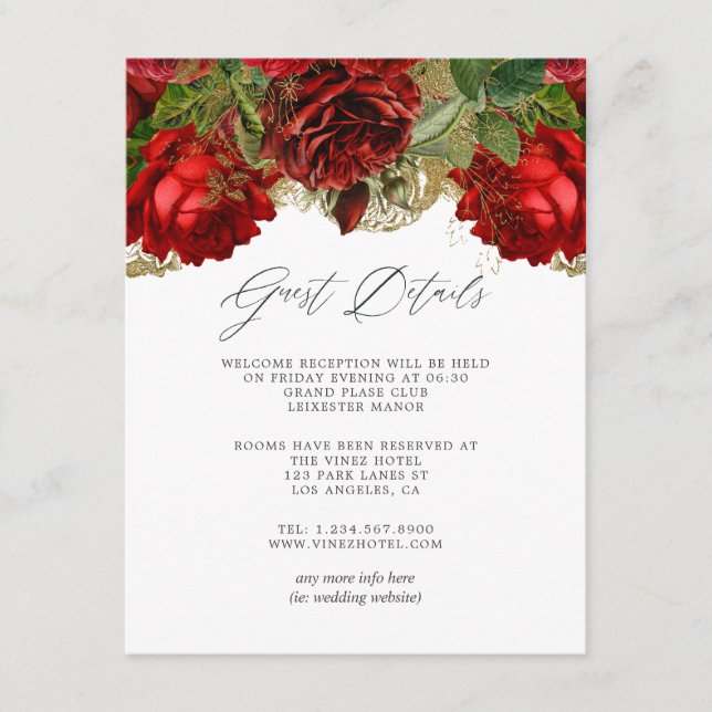 Cartão De Informações Detalhes do Convidados de Rosas Vermelhas e Dourad (Frente)