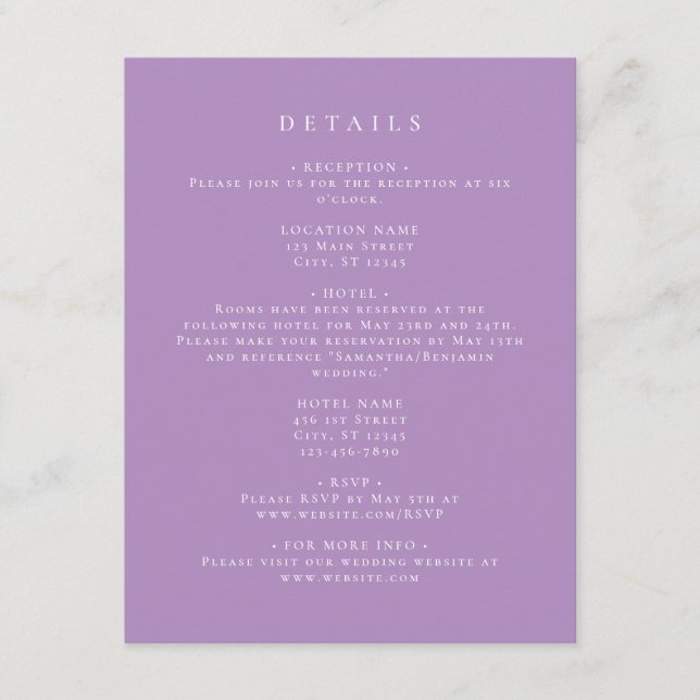 Cartão De Informações Detalhes do Coordenado Lilás Elegante (Frente)
