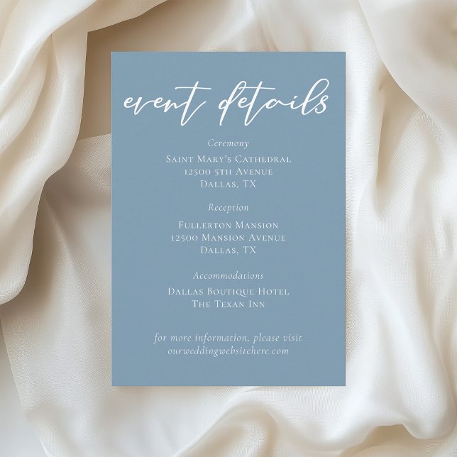 Cartão De Informações Detalhes do Evento de Casamento em Azul Desbotado  (Criador carregado)