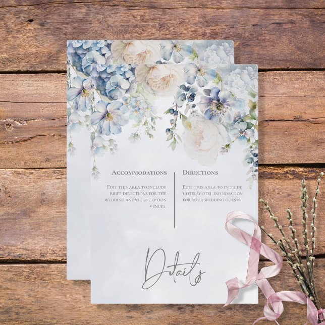 Cartão De Informações Detalhes do Floral Azul e Branco Moderno (Blue & White Floral Modern Wedding Details Enclosure Card)