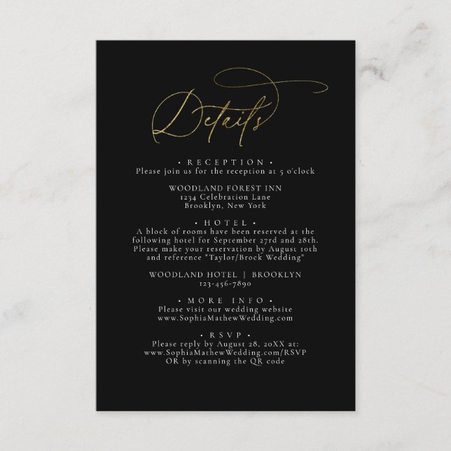 Cartão De Informações Detalhes do Glam Black e Dourado Casamento (Frente)