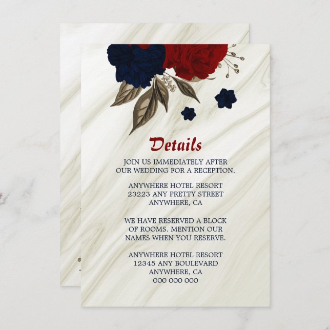 Cartão De Informações Detalhes do marinho elegante e flores vermelhas (Frente/Verso)