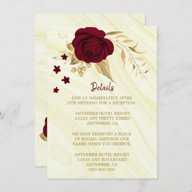Cartão De Informações detalhes do mármore floral de ouro burgundy (Frente/Verso)