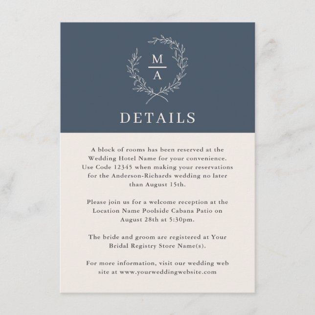 Cartão De Informações Detalhes do Monograma Elegante Simples Azul do mar (Frente)