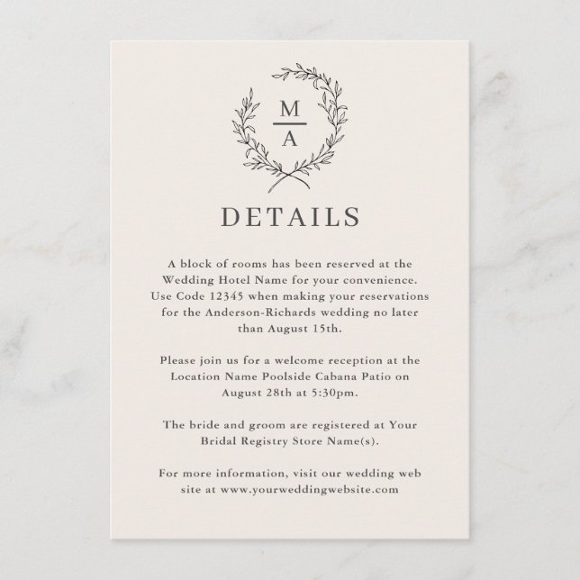 Cartão De Informações Detalhes do Monograma Elegante Simples e Elegante  (Frente)