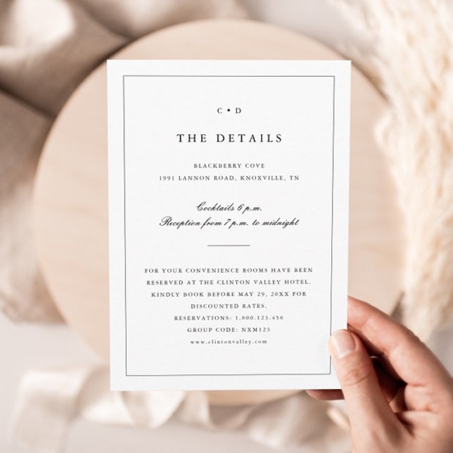 Cartão De Informações Detalhes do Monograma Simples de Casamento Preto e (Simple Monogram Wedding Details Enclosure Cards.)